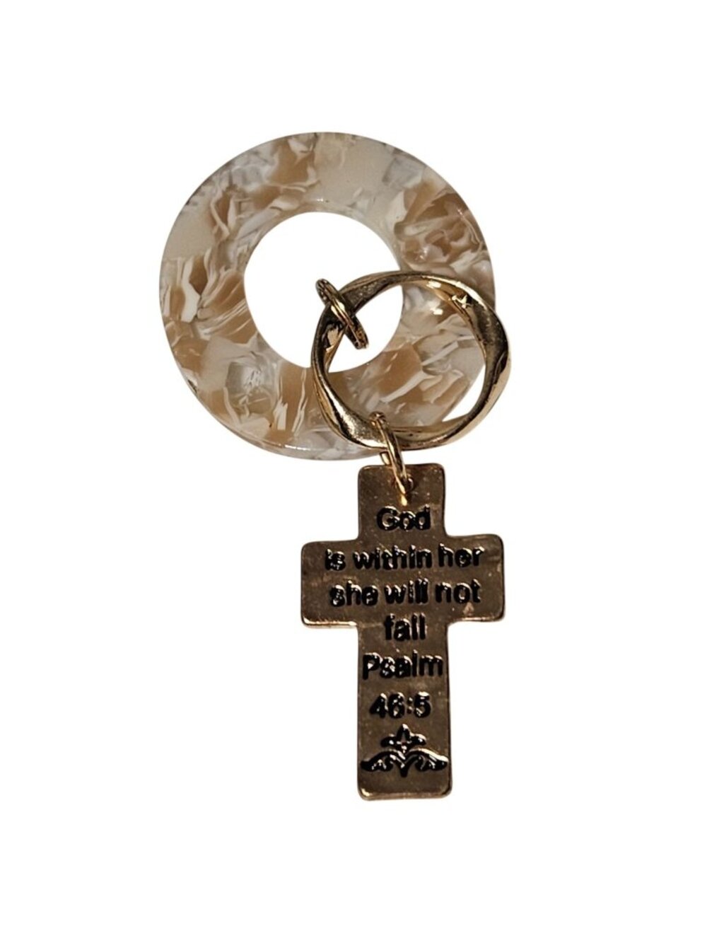 Bible Verse Psalm 46:5 Cross Pendant Keychain Marbled Beige Acrylic Religious